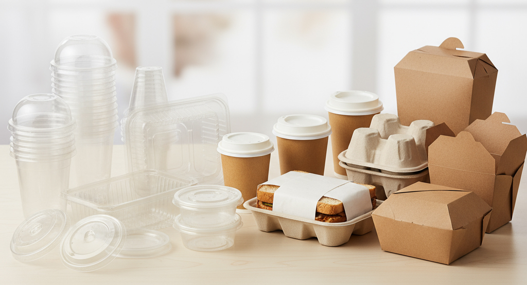 The image shows a variety of packaging supplies, with plastic cups, lids, trays, and containers arranged on the left side, and an assortment of eco-friendly paper cups, lids, trays, and containers on the right side, highlighting a wide array of food packaging options.