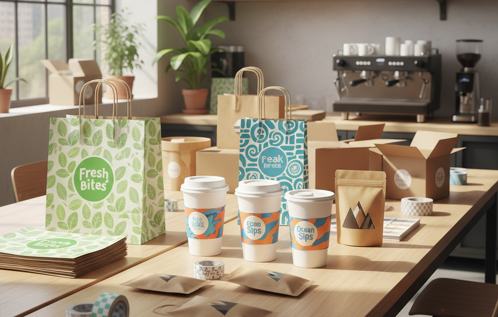 The image shows a bright workspace filled with various packaging materials featuring custom logos and designs, including bags and lids suitable for food and beverages. This setup reflects a commitment to environmentally friendly food packaging solutions, highlighting the positive change towards recycling and reducing landfill waste.