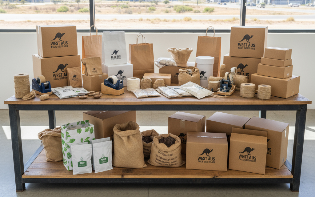 The image depicts a modern warehouse table showcasing a variety of sustainable packaging containers and supplies, including boxes, bags, and eco-friendly materials, emphasizing the extensive range of packaging solutions available for businesses in Western Australia. Various tools like adhesive tapes and strapping machines are also visible, highlighting the commitment to quality and customer needs in the packaging industry.