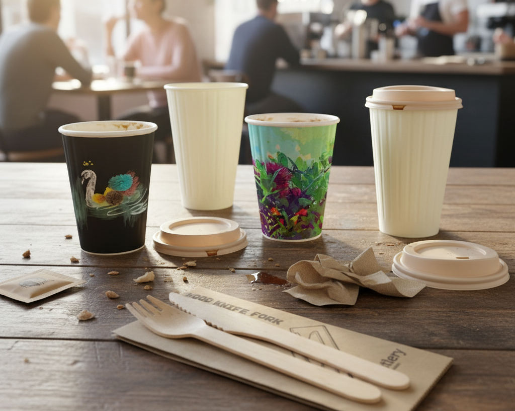 A wooden cutlery set, including a fork, knife, and spoon, is elegantly arranged on a rustic wooden table, highlighting an environmentally friendly food packaging alternative. This setup promotes positive change by showcasing sustainable options for food service and dining.