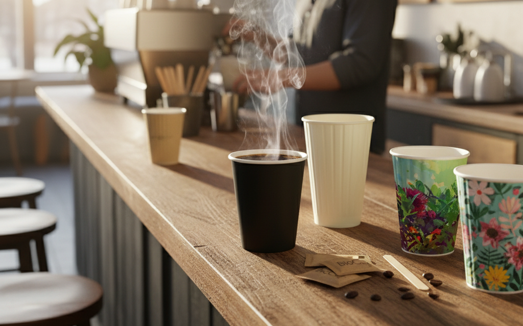 An image of eco-friendly coffee cups featuring steam rising from hot coffee, showcasing environmentally friendly food packaging that promotes positive change. The cups are designed to reduce landfill waste and are part of a range of sustainable products available for order, emphasizing excellent service and custom print options.